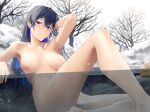  1girl barefoot blue_eyes blush breasts come_hither completely_nude from_below highres kirachamo long_hair nipples nude onsen original pussy smile solo water 