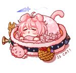  &gt;_&lt; 1girl :d ahoge animal animal_ears apple arknights banana bangs basket blanket blush cat cat_ears cat_girl cat_tail chibi closed_eyes commentary_request food fruit full_body goldenglow_(arknights) grapes hair_between_eyes han_han_xiao_leng highres long_sleeves pet_bed pink_hair red_apple shadow simple_background smile solo tail white_background 