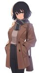  1girl bad_link bag bangs black_hair blush breasts brown_bag brown_coat brown_eyes buttons chorefuji coat commentary_request cowboy_shot grey_scarf hair_between_eyes hands_in_pockets highres long_sleeves looking_at_viewer open_clothes open_coat original pants parted_lips scarf shirt short_hair simple_background solo white_background 