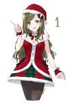  1girl alternate_hairstyle black_ribbon breasts cleavage dress fur-trimmed_dress fur_trim green_eyes green_hair hat highres idolmaster idolmaster_shiny_colors long_hair medium_breasts nanakusa_hazuki open_mouth pantyhose plaid plaid_ribbon pointing pointing_up red_dress ribbon santa_costume santa_hat sleeveless sleeveless_dress smile solo strap suke_(momijigari) 