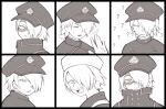  1boy ? ?? annoyed bangs blush boku_no_hero_academia buttons chart chikuwa_savy eye_mask greyscale hair_over_one_eye hand_up hat jacket looking_at_viewer looking_to_the_side mask monochrome multiple_views open_mouth parted_lips peaked_cap portrait shishikura_seiji short_hair sweatdrop teeth upper_teeth_only 