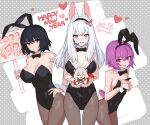  3girls animal_ears bad_link bangs black_bow black_bowtie black_hair black_hairband black_leotard bow bowtie breasts chorefuji cleavage closed_mouth commentary_request detached_collar hair_between_eyes hairband hand_on_hip happy_new_year heart highres holding holding_sign leotard long_hair microphone multiple_girls open_mouth original pantyhose playboy_bunny purple_hair rabbit_ears rabbit_tail short_hair sign smile tail wrist_cuffs 