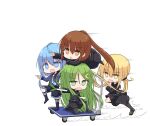  asymmetrical_hair black_pantyhose black_serafuku black_shorts blonde_hair blue_eyes blue_hair blue_shirt brown_eyes brown_hair cart crescent crescent_hair_ornament crescent_pin fumizuki_(kancolle) green_eyes green_hair hair_ornament kantai_collection long_hair minazuki_(kancolle) nagatsuki_(kancolle) necktie pantyhose pointing ponytail pushcart pushing pushing_cart riding satsuki_(kancolle) school_uniform serafuku shirt shorts simple_background spring_onion twintails white_background white_necktie yamato_tachibana yellow_eyes 