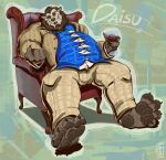  2021 4_toes abstract_background alcohol anthro barefoot bear beckoning beverage black_pawpads blizzard_entertainment blue_clothing blue_shirt blue_topwear brown_eyes brown_mane chair character_name clothing daisu_panda digital_media_(artwork) feet fur furniture gesture hi_res holding_wine_glass leather_chair looking_at_viewer male mammal mane on_chair overweight overweight_anthro overweight_male pandaren pawpads pinkgirlpen shirt signature sitting sitting_on_chair solo stretched_shirt tan_body tan_clothing tan_fur toes topwear warcraft whiskers white_undershirt wide_feet wine 