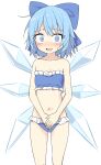  1girl blue_bow blue_eyes blue_hair blush bow cirno collarbone e.o. embarrassed fairy feet_out_of_frame hair_bow highres ice ice_wings looking_at_viewer navel open_mouth short_hair simple_background solo touhou white_background wings 