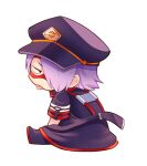  1boy :p bangs black_headwear boku_no_hero_academia chikuwa_savy eye_mask from_side grey_background hat male_focus peaked_cap purple_hair red_mask shishikura_seiji short_hair short_sleeves simple_background sitting solo tongue tongue_out 