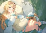  1girl blonde_hair blush feet_out_of_frame green_eyes hana_mori highres holding holding_pillow hololive kazama_iroha legs long_hair long_sleeves looking_at_viewer lying on_back pajamas pillow pokobee socks thighs virtual_youtuber white_socks 