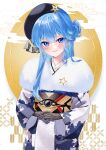  1girl absurdres bangs blue_eyes blue_hair blush fur_collar gloves hat highres hololive hoshimachi_suisei japanese_clothes kimono long_hair long_sleeves looking_at_viewer obi own_hands_together parted_lips print_kimono sash smile solo star_(symbol) star_in_eye symbol_in_eye tilted_headwear translation_request virtual_youtuber yuuyu_(moco20111115) 