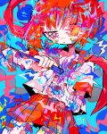  1girl abstract absurdres aqua_fire bags_under_eyes bandaid bandaid_on_arm bandaid_on_face bandaid_on_leg bangs blue_fire blush colorful commentary_request edanoma_meu electricity fire hair_over_one_eye highres impaled jitome multicolored_background neon_palette no_nose nose_blush orange_nails original pink_eyes pleated_skirt red_hair red_skirt skirt solo teardrop tongue tongue_out translation_request uneven_eyes 