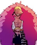  1boy aged_down black_shirt blonde_hair coat covered_eyes covering_face donquixote_doflamingo earrings gradient_clothes highres jewelry male_child mature_male one_piece open_clothes opera7072 orange_belt pants pink_coat shirt short_hair smile striped striped_pants sunglasses white_background white_shirt 