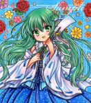  1girl :d bangs bell blue_background blue_flower blue_skirt cowboy_shot detached_sleeves floating_hair flower frilled_shirt_collar frills frog_hair_ornament gohei green_eyes green_hair hair_between_eyes hair_ornament head_tilt holding holding_gohei jingle_bell kochiya_sanae light_blush long_hair long_sleeves looking_at_viewer marker_(medium) open_mouth outside_border pink_flower print_skirt red_flower red_rose ribbon-trimmed_sleeves ribbon_trim rose rui_(sugar3) sample_watermark shirt skirt sleeveless sleeveless_shirt smile snake_hair_ornament solo sparkle standing touhou traditional_media very_long_hair white_shirt white_sleeves wide_sleeves yellow_flower 