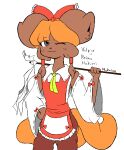  ambiguous_gender anthro asian_clothing canid canine clothing digital_media_(artwork) fox fur generation_1_pokemon grey_background hair looking_at_viewer mammal mokaine nintendo orange_body orange_fur pokemon pokemon_(species) red_clothing reimu_hakurei simple_background smile solo tagme touhou video_games vulpix 