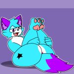  azu_(oc) blue_body blue_fur blue_hair butt canid canine fangs fox fur girly hair hi_res holding_both_legs legs_up lyncario male mammal markings multicolored_body multicolored_fur multicolored_tail open_mouth paws pink_paws purple_background purple_body purple_ears purple_eyes purple_fur simple_background spread_butt spreading star_(marking) tail teeth 