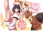  2023 2girls :d abs alternate_costume bandaid bandaid_on_face bandaid_on_nose bangs black_hair blonde_hair breasts buneary buneary_(cosplay) clenched_hand commentary_request cosplay eyelashes gloves green_eyes grey_eyes happy_new_year highres lillie_(pokemon) long_hair looking_at_viewer mizuumi_(bb) multiple_girls open_mouth pokemon pokemon_(game) pokemon_sm ponytail rabbit_tail scorbunny scorbunny_(cosplay) selene_(pokemon) shorts smile tail teeth tongue upper_teeth_only white_gloves white_shorts 