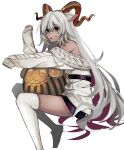  1girl absurdres animal_ears arknights bangs beeswax_(arknights) dress goat_ears goat_horns highres horns long_hair looking_at_viewer off_shoulder open_mouth populamalus sidelocks simple_background solo thighhighs very_long_hair white_background white_dress white_hair white_thighhighs yellow_eyes 