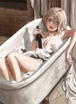  1girl absurdres bathing bathroom bathtub blonde_hair bottle brick_wall bullet_necklace curtains ear_piercing fang gold_can highres jewelry looking_to_the_side necklace nude open_mouth original piercing shirt tile_floor tiles wine_bottle yellow_eyes 