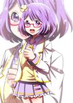  1girl ai_wa_muteki aikatsu! aikatsu!_(series) aikatsu_stars! blush bob_cut cropped_legs flower glasses hair_flower hair_ornament highres looking_at_viewer miniskirt nanakura_koharu open_mouth pleated_skirt purple_eyes purple_hair red-framed_eyewear short_hair skirt standing 