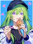  1boy ahoge bangs bikkusama black_headwear black_shorts blue_background enkidu_(fate) fate/grand_order fate_(series) fingernails food fruit green_hair hair_between_eyes hat heart highres holding holding_food holding_ice_cream holding_spoon ice_cream ice_cream_cone jacket long_hair long_sleeves open_clothes open_jacket purple_eyes shorts solo spoon strawberry tongue tongue_out white_jacket 