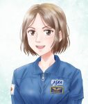  1girl :d blue_shirt brown_eyes brown_hair itou_serika jaxa looking_at_viewer shirt short_hair simple_background smile solo takohiro uchuu_kyoudai uniform upper_body zipper 