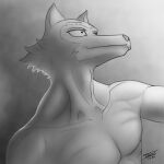  2023 anthro beastars canid canine canis ears_up fur half-closed_eyes half-length_portrait legoshi_(beastars) looking_away male mammal mouth_closed narrowed_eyes portrait shirtless shirtless_anthro shirtless_male signature solo torvus_(artist) wolf 