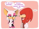  2022 anthro armwear bat being_watched chocomilkamy clothing dialogue duo echidna elbow_gloves english_text eyeshadow female gloves handwear hi_res knuckles_the_echidna looking_at_another makeup male mammal monotreme narrowed_eyes open_mouth rouge_the_bat sega simple_background sonic_the_hedgehog_(series) speech_bubble text 
