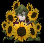  1boy ake_(limited_timeac) black_background brassius_(pokemon) bright_pupils closed_mouth flower green_eyes green_hair hair_between_eyes highres looking_at_viewer male_focus pokemon pokemon_(game) pokemon_sv purple_shirt shirt short_hair simple_background solo sunflower turtleneck upper_body white_pupils yellow_flower 