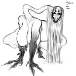  areola big_breasts breasts devilmxnd eyelashes female hair huge_breasts humanoid kneeling long_hair long_neck monster monstrous_humanoid nightmare_fuel nipples nude sekizo_(devilmxnd) simple_background smile solo text thick_thighs white_background wide_hips 
