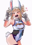  1girl absurdres animal_ears artist_name bangs bare_shoulders blonde_hair boku_no_hero_academia breasts claw_pose cosplay double_bun fangs gloves groin hair_bun heart highres hip_bones large_breasts looking_at_viewer messy_hair mirko mirko_(cosplay) open_mouth rabbit_ears rabbit_tail sharl0ck simple_background solo tail toga_himiko white_background white_gloves wide_hips yellow_eyes 