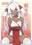  1girl 2023 absurdres ahoge animal_ears arms_behind_back bare_shoulders breasts bright_pupils brll chinese_zodiac cleavage closed_mouth collarbone dark-skinned_female dark_skin head_tilt highres large_breasts long_hair looking_at_viewer original rabbit_ears revealing_clothes sitting skindentation solo thighhighs translation_request wariza white_hair white_thighhighs year_of_the_rabbit yellow_eyes 