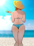  1girl aqua_bikini ass bare_shoulders beach bikini blue_sky blurry blurry_background closed_mouth cloud d_juicebox21 day dimples_of_venus english_commentary facing_away food from_behind hand_up hat highres holding holding_food hololive hololive_english looking_to_the_side orange_hair outdoors popsicle popsicle_stick sky smile solo straw_hat sun_hat sunlight swimsuit takanashi_kiara thighs virtual_youtuber 