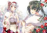  2girls arrow_(projectile) bangs blush christmas christmas_ornaments flower flower_ornament green_eyes green_hair hair_ornament hairband holding holding_paper japanese_clothes kantai_collection kimono light_smile long_hair looking_at_viewer looking_back minakami_nagara multicolored_background multiple_girls nengajou new_year open_mouth paper ponytail red_flower red_hairband shoukaku_(kancolle) side_ponytail snow twintails white_hair yellow_eyes yukata zuikaku_(kancolle) 