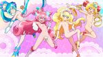  4girls blonde_hair blue_eyes blue_footwear blue_hair breasts cure_finale cure_precious cure_spicy cure_yum-yum delicious_party_precure drill_hair earrings fuwa_kokone gloves green_eyes hair_ornament hanamichi_ran high_heels highres jewelry kasai_amane kome-kome_(precure) long_hair magical_girl mem-mem_(precure) multiple_girls nagomi_yui nipples nude pam-pam_(precure) pink_background pink_eyes pink_footwear pink_hair ponytail precure purple_eyes shoes small_breasts tiler_(tiler00) twintails two_side_up very_long_hair wavy_hair white_gloves yellow_footwear 