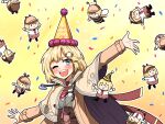  1girl blonde_hair blue_eyes blush bob_cut brown_capelet brown_coat capelet chibi coat collared_shirt confetti cropped_torso ddolbang detective english_text hair_ornament hand_up happy happy_birthday hat highres hololive hololive_english light_blush monocle_hair_ornament necktie one_eye_closed open_mouth pale_skin party_hat plaid plaid_skirt red_necktie shirt short_hair short_necktie skirt smol_ame stethoscope virtual_youtuber watson_amelia white_shirt yellow_background 
