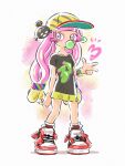  1girl absurdres appleq bangle baseball_cap black_shirt bracelet brown_socks bubble_blowing chewing_gum commentary_request full_body green_eyes harmony_(splatoon) hat heart highres jewelry long_hair looking_at_viewer pink_hair pleated_skirt red_footwear shirt shoes short_sleeves skirt socks solo splatoon_(series) splatoon_3 standing very_long_hair yellow_headwear yellow_skirt 