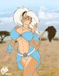  2023 5_fingers anthro armwear big_breasts blue_eyes bottomwear breasts cleavage clothed clothing colored digital_media_(artwork) felid female fingernails fingers flat_colors fur ghostwolf hair huge_breasts humanoid_hands lion mammal nails navel pantherine priest savanagh savanna signature skirt solo tan_body tan_fur white_hair 