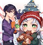  1boy 1girl alternate_costume alternate_hairstyle animal animal_ears artist_name bangs black_pants blunt_ends blush border bow box cat cat_ears christmas_tree closed_eyes closed_mouth collarbone cookie cross-shaped_pupils eating english_commentary english_text fingernails flower food fur_trim genshin_impact gift gift_box gradient gradient_background green_eyes green_hair green_sweater grey_bow grey_hair grey_shirt hair_between_eyes hair_ornament hairclip hands_up hat hat_bow highres holding holding_box holding_food holding_gift leaf leaf_hair_ornament long_hair long_sleeves looking_at_another looking_to_the_side lying merry_christmas multicolored_hair nahida_(genshin_impact) no_headwear on_stomach open_mouth outside_border pants pet pink_background pink_bow pointy_ears pom_pom_(clothes) puffy_long_sleeves puffy_sleeves purple_eyes purple_fur purple_hair purple_sweater red_headwear santa_hat scaramouche_(genshin_impact) shirt short_hair sidelocks smile snowflakes standing sweater symbol-shaped_pupils t-shirt tape teeth two-tone_hair white_background white_border white_flower wokiiarts 