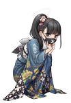  1girl bangs bent_over black_hair blue_archive blue_kimono chuo8008 floral_print flower hair_flower hair_ornament halo highres japanese_clothes kimono looking_at_viewer mask ponytail sukeban sukeban_(smg)_(blue_archive) 