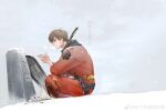 1boy absurdres ardbert_(ff14) bangs blue_eyes blush brown_hair chinese_commentary cold cup earrings facial_hair final_fantasy final_fantasy_xiv flower hair_between_eyes highres japanese_clothes jewelry kimono lily_(flower) male_focus mbdtz red_kimono sakazuki sheath sheathed short_hair sitting snow snowing solo stubble sword tombstone weapon weibo_logo weibo_username 