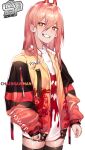  1girl chainsaw_man character_name evil highres hood jacket light_smile long_hair looking_away open_clothes open_jacket pink_hair power_(chainsaw_man) sharp_teeth shirt smaspid smile solo teeth white_background white_shirt yellow_eyes 