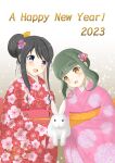  2023 absurdres alternate_costume alternate_hairstyle black_hair bob_cut braid brown_eyes colored_inner_hair floral_print gradient gradient_background green_hair grey_background hair_bun happy_new_year highres japanese_clothes kantai_collection kimono livecafekn long_hair looking_at_viewer multicolored_hair naganami_(kancolle) pink_hair pink_kimono rabbit red_kimono short_hair short_hair_with_long_locks sidelocks takanami_(kancolle) two-tone_hair white_background 