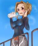  1girl blonde_hair blue_sky blush bottle breasts drink earphones holding holding_bottle idolmaster idolmaster_cinderella_girls jogging kurushima_gire long_sleeves looking_at_viewer manabe_itsuki medium_breasts parted_lips pink_eyes ponytail railing removing_earbuds shorts sidelocks sky sleeveless sleeveless_jacket sweat track_suit upper_body water_bottle workout_clothes 