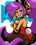  2022 bare_shoulders breasts brown_body brown_skin butt clothing ear_piercing ear_ring female genie hair hi_res humanoid humanoid_pointy_ears legendofnerd leotard long_hair not_furry one_eye_closed open_mouth open_smile piercing ponytail purple_hair ring_piercing shantae shantae_(series) signature sitting smile solo wayforward wink 