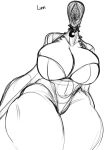  big_breasts big_mouth_(anatomy) breasts cleavage cleavage_overflow clothed clothing devilmxnd eyeless female huge_breasts humanoid luna_(devilmxnd) monster monstrous_humanoid nightmare_fuel sharp_teeth simple_background solo teeth text thick_thighs white_background wide_hips 