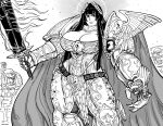  1girl 2boys absurdres armor bb_(baalbuddy) black_hair breasts cape cleavage cleavage_cutout clothing_cutout emperor_of_mankind flaming_sword flaming_weapon genderswap genderswap_(mtf) greyscale highres hime_cut holding holding_sword holding_weapon large_breasts laurels long_hair monochrome multiple_boys orkz ornate_armor simple_background sword warhammer_40k weapon white_background 
