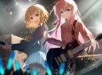  2girls :d absurdres bangs black_pantyhose blazer blue_eyes blue_jacket blue_ribbon bocchi_the_rock! brown_eyes brown_hair closed_mouth commentary cube_hair_ornament dated_commentary electric_guitar gotou_hitori guitar hair_ornament highres hirasawa_yui holding holding_instrument instrument jacket k-on! long_hair looking_at_viewer multiple_girls music musical_note neck_ribbon one_side_up open_mouth pantyhose pink_hair pink_jacket pink_track_suit playing_instrument pleated_skirt ribbon riin_(hanakza) sakuragaoka_high_school_uniform school_uniform short_hair skirt smile teeth track_jacket upper_teeth_only 