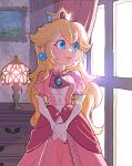  blue_eyes crown dress earrings elbow_gloves gloves hoshikuzu_pan jewelry lipgloss mario_(series) pink_dress princess_peach white_gloves 