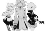  3girls :d adjusting_clothes adjusting_gloves ahoge belt belt_buckle buckle chaldea_uniform clenched_hands collared_shirt command_spell cowboy_shot dress fate/grand_order fate_(series) fujimaru_ritsuka_(female) fujimaru_ritsuka_(female)_(decisive_battle_chaldea_uniform) fujimaru_ritsuka_(female)_(polar_chaldea_uniform) gloves greyscale hair_between_eyes hair_ornament hair_scrunchie kitada light_smile looking_at_viewer medium_hair monochrome multiple_girls multiple_persona one_side_up pantyhose parted_lips pleated_skirt popped_collar scrunchie shirt simple_background skirt smile stretching white_background 