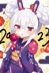  1girl 2023 animal_ears azur_lane bangs bow candy_apple chinese_zodiac commentary_request double_bun egasumi fake_animal_ears floral_background floral_print food hair_between_eyes hair_bun hairband highres holding holding_food japanese_clothes kimono kokone_(coconeeeco) laffey_(azur_lane) laffey_(snow_rabbit_and_candy_apple)_(azur_lane) long_sleeves obi official_alternate_costume parted_lips print_kimono purple_kimono rabbit_ears red_bow red_eyes red_hairband sash solo upper_body white_hair wide_sleeves year_of_the_rabbit 