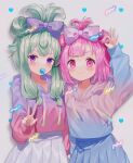  2girls blue_skirt bow commentary cowboy_shot cropped_hoodie drawstring folded_twintails fuinagi_(huyuu_mm) gradient_clothes green_hair hair_bow highres hood hood_down hoodie kusanagi_nene long_sleeves multiple_girls ok_sign ootori_emu pink_eyes pink_hair pleated_skirt project_sekai purple_bow purple_eyes skirt symbol-only_commentary two_side_up v 