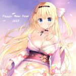  1girl 2023 :o bangs bare_shoulders black_choker black_hairband blonde_hair blue_eyes braid breasts choker cleavage collarbone commentary_request floral_print hair_ornament hair_ribbon hairband hairclip happy_new_year haruoto_alice_gram japanese_clothes kimono kuonji_kazuha_(harugura) large_breasts long_hair long_sleeves looking_at_viewer mitha obi off_shoulder one_side_up parted_lips pink_kimono print_kimono ribbon sash solo very_long_hair white_ribbon wide_sleeves 
